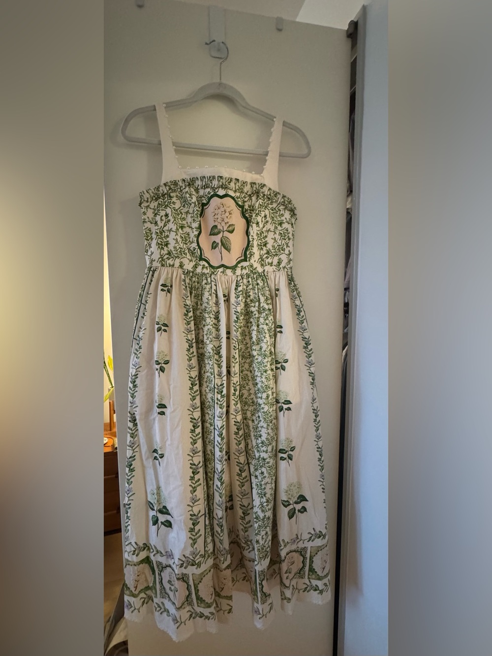Cream and Green Pearl Accent Floral Sundress Size Small